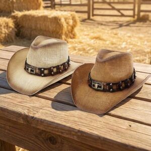 Longhorn Steer Head Rugged Studded Band Western Straw Cowboy Hat